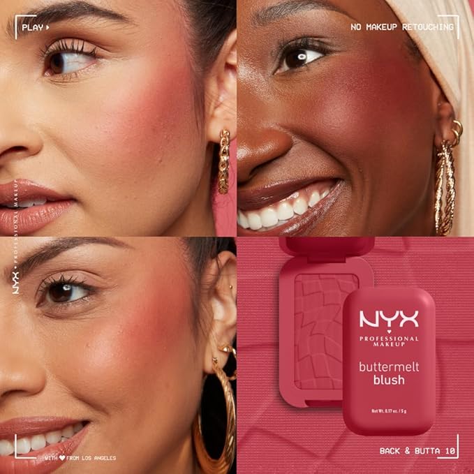 NYX PROFESSIONAL MAKEUP Buttermelt Powder Blush, Fade and Transfer-Resistant Blush, Up to 12HR Make Up Wear, Vegan Formula - Back And Butta