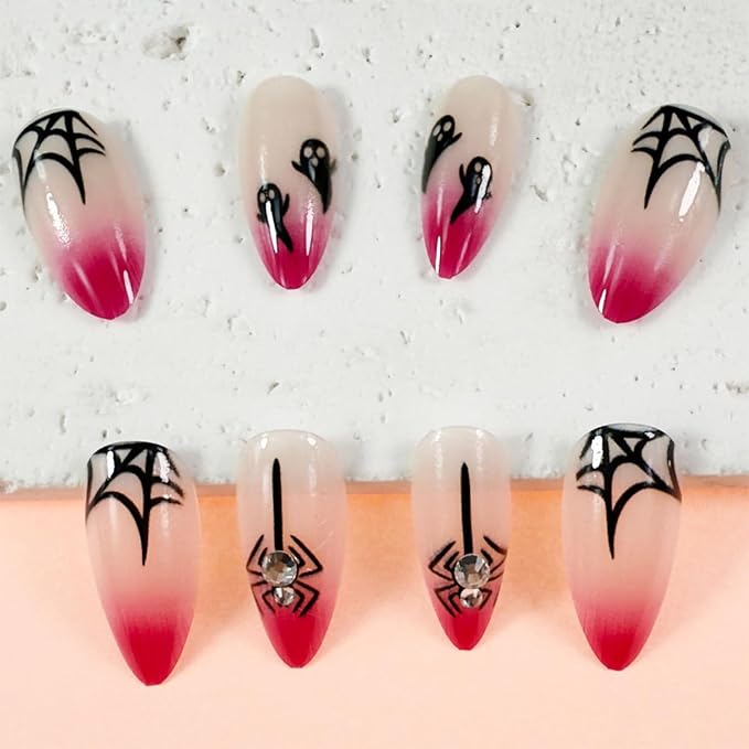 Halloween Press on Nails Long Almond Fake Nails Rose Red False Nails Gradient Black Spider Web Ghost with Rhinestone Design Glossy Glue on Nail Full Cover Stick on Nail Decoration Manicure for Women