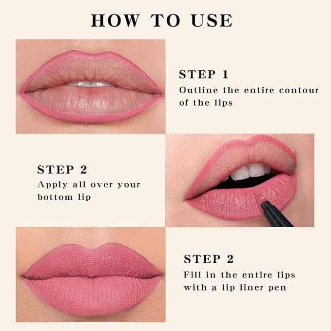 evpct Longwear Liquid Lip Liner Stain Marker Pen Long Lasting Waterproof, Warm Nude Pink Matte Semi Permanent 24 Hour Lip Liner and Lipstick Combo, Color Stay Lipliner All Day, Lips Stain peel off