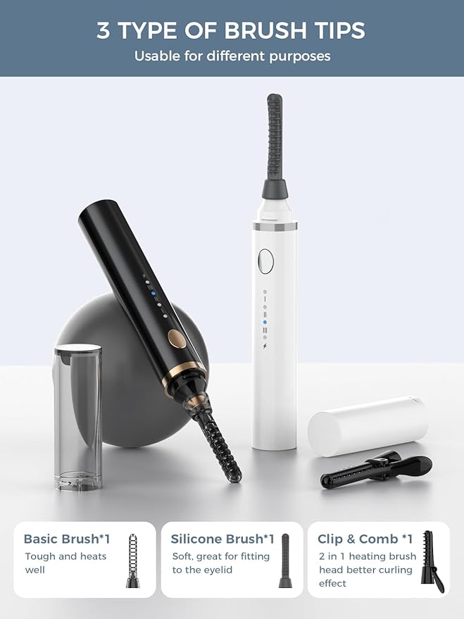 Smiling Shark Heated Eyelash Curler, 360°Wand-Style Heated Lash Brush Rechargeable with 3 Brush Heads & 3 Temp & 5s Fast Heating【Lengthen/Define/Curler】 3-in-1 Lash Curler for All Types of Lashes