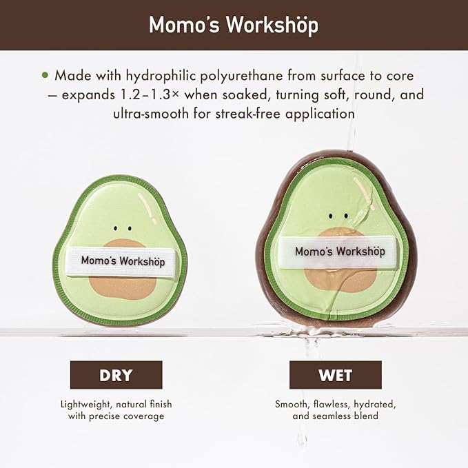 Momo’s Workshop Avocado Makeup Sponge-Hydropolyurethane Foundation Sponge for Buildable Coverage, Dry&Wet Use with PU Leather Handle, Beauty Tool,2pcs Makeup Puffs With Storage Case