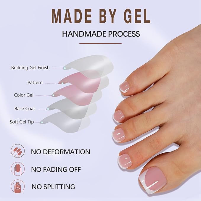 Misssix Press On Toe nails Short, 150Pcs Pink French Toe Nail Tips, Square Soft Gel Fake Toe Nail Tips Extensions for Women Nail Art DIY 15 Sizes
