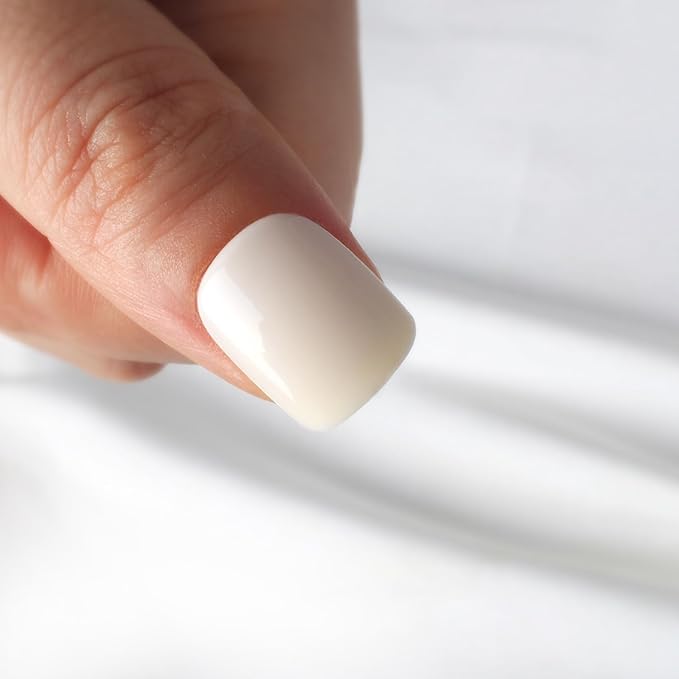 Short Press On Nails Square – 30PCS Glossy Creamy White Shade Fake Nails, Minimalist Acrylic Stick On Nails Kit with Glue & Tools, Natural False Nails for Everyday Wear