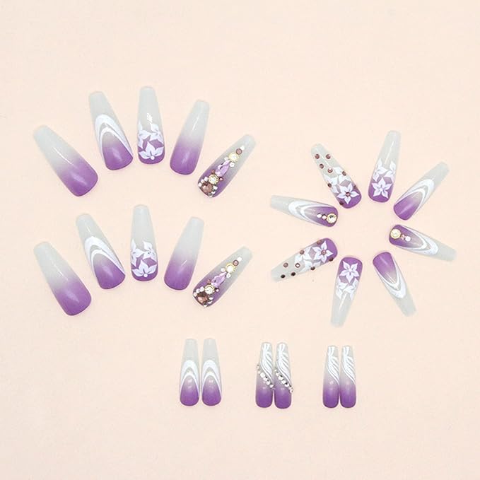 Long Press on Nails Coffin Light Blue Gradient Glue on Nails with Rhinestones Lines Glitter Design Flower Fake Nails Purple Acrylic Nails Press ons Glossy Extre Long Coffin False Nails for Girls 24Pcs