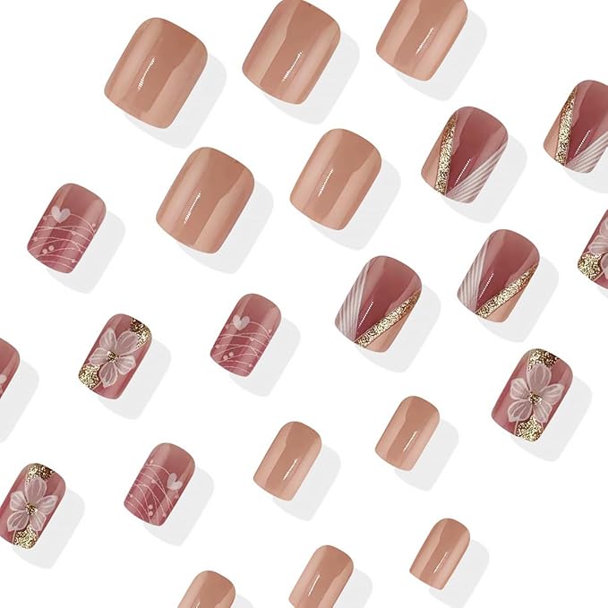 24Pcs Flower Press on Nails Short Square French Tip Fake Nails with White Gold Gilding Design Spring Stick on Nails Full Cover Artificial Glue on Nails Cute False Nails Glossy Nail Supplies for Women