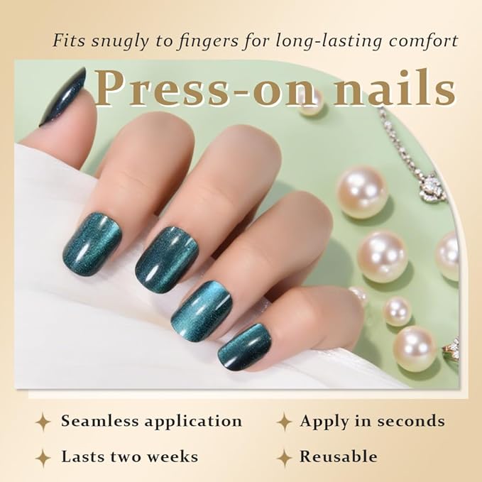 Peacock Blue Cat Eye Short Press on Nails Square, Blue Short Square Glue on Nails for Women Gift, Metallic Glitter Glossy Reusable Spring Summer Stick Gel Press on Acrylic Fake Nail with Designs 03