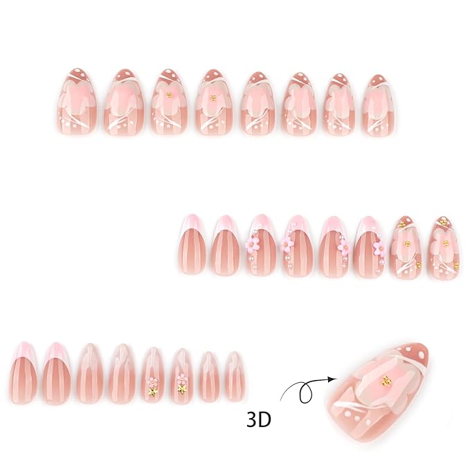 3D Flower Press on Nails 24Pcs White French Acrylic Full Cover Fake Nails Peach Blossom Gel Glue on Fingernails Glossy Pink Gradient Medium Almond False Nail Pearl Stick on Nail for Holiday Manicure