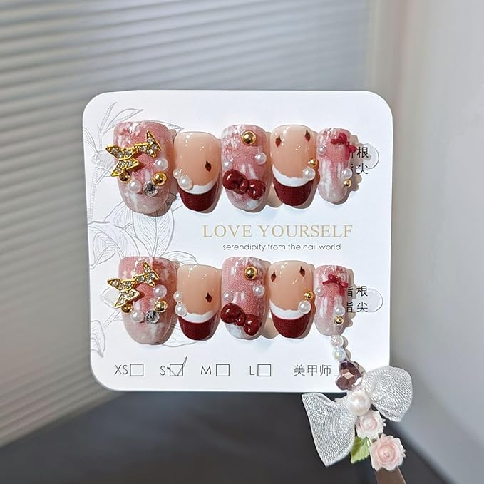 10Pcs Red French Tip Press on Nails Short Christmas Fake Nails 3D Gold Butterfly Gems Cute Acrylic Nail Pearl Bow Rhinestones Design Winter False Nail Handmade Glue on Nails for Christmas Manicure