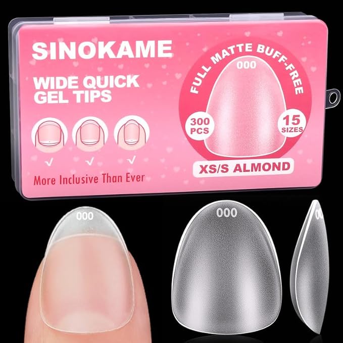 Extra Short Wide Fit Almond Nail Tips for Short Wider Nail Beds,SINOKAME Full Matte No File XS Almond Gel Press On Nails Clear,Paintable Fake Nails Durable 15 Sizes 300 Pcs