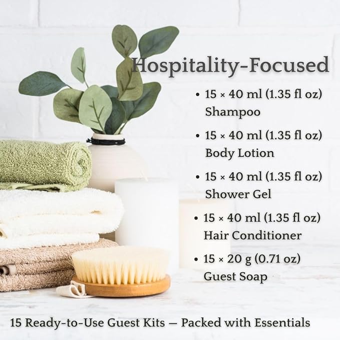 75-Piece Guest Amenities Set – 15 Individually Boxed Kits with Shampoo, Body Wash, Conditioner, Lotion & Soap – Travel-Size Toiletries for Hotels, Rentals & Guest Use – Recyclable Packaging