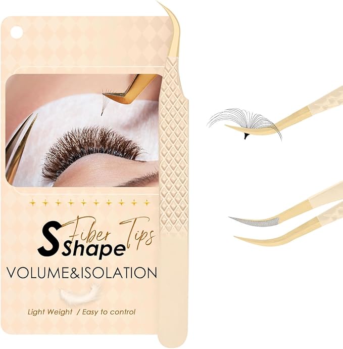 Beige Fiber Tip Lash Tweezers for Eyelash Extensions – S Shape for Volume & Isolation, Professional Lash Technician Precision Tool