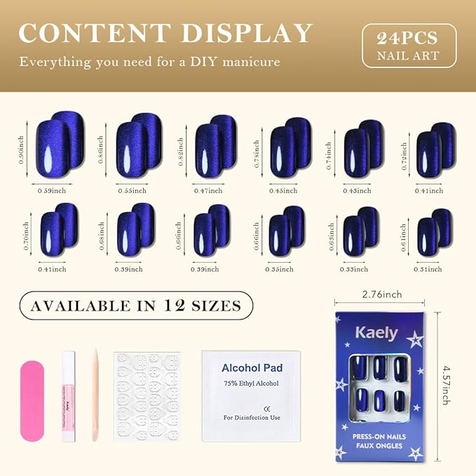 Cat Eye Royal Blue Press On Nails Medium Long Length Square, Designer Reusable Acrylic Fake Nail with Glue, Glossy Gel Nails Wedding Party, Stick On Glue On Nail, Nails Press Ons for Women
