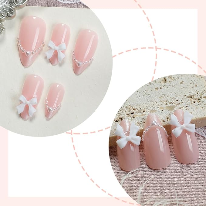24Pcs French Tip Press on Nails Almond Fake Nails with 3D Bow Designs Nude Pink Acrylic Nails Stick on Nails Cute Pearl Bow Charms Full Cover Glue on Nails for Women Manicure Supplies