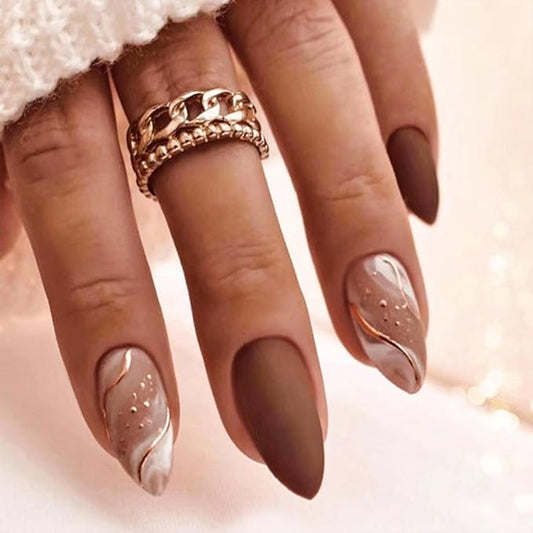 Almond Press On Nails - Marble Design, Glossy Brown, 24 Pcs