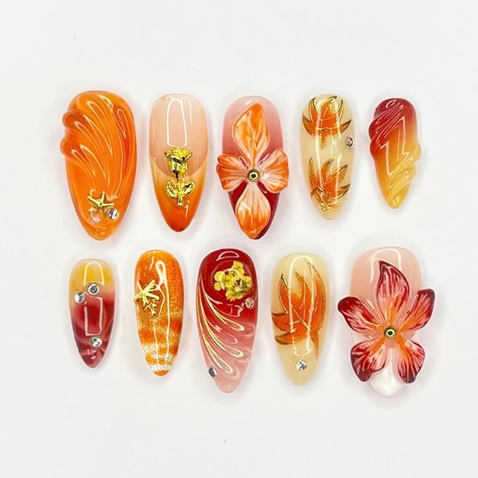 30 Pcs Fall Press on Nails Medium Almond Fake Nails with 3D Flower Gold Rose Rhinestones Design Gold Maple Leaf False Nails White French Tip Acrylic Nails Autumn Thanksgiving Stick on Nail for Women