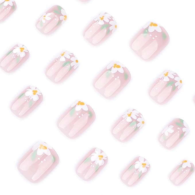 Nude Pink Press On Nails Square Short, Daisy Flower Fake Nails with White Floral Design, Natural Glossy Finish Reusable Acrylic Nails, Glue On Nail Kit for Women, 24Pcs
