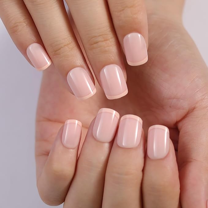 Pink French Tips Press On Nails Short, Glossy Soft Gel Press On Nails Square with Nail Glue, 15 Sizes - 30 Fake Nails Kit, Thick Natural Reusable Glue On Nails for Women, Rosy Tips