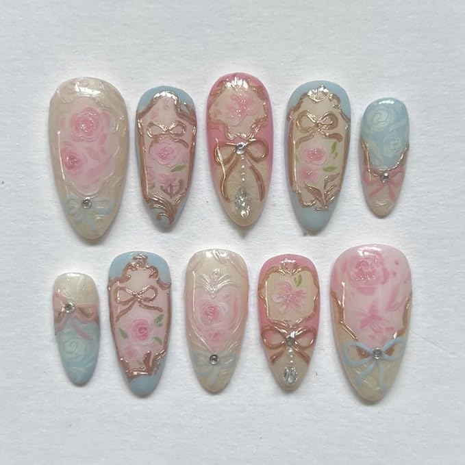 24Pcs Almond Press on Nails Medium French Nails Press ons False Nail with Bow Flower Designs Pink Blue Rose Bow Glue on Nails with Rhinestones Glossy Reusable Acrylic Nail for Women
