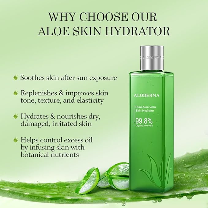 Aloderma 99.8% Organic Aloe Vera Face Hydrator Made Within 12 Hours of Harvest - Moisturizing & Hydrating Facial Toner for Oily Skin, Soothing Aloe Toner for Balanced, Smooth Skin Texture, 240ml, 3ct