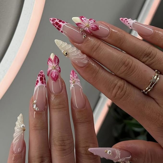 Long Square Press on Nails Pink Fake Nails with Black Bows and Crystal Rhinestones Luxurious Custom Stick on Nail for Women 24pcs