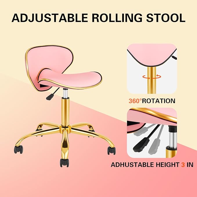 Rolling Stool with Back Support, Salon Stool with Wheels for Spa, Cute Swivel Chair for Lash, Nail Tech and Hair Stylist, Height Adjustable Chair for Massage Beauty Makeup-Pink