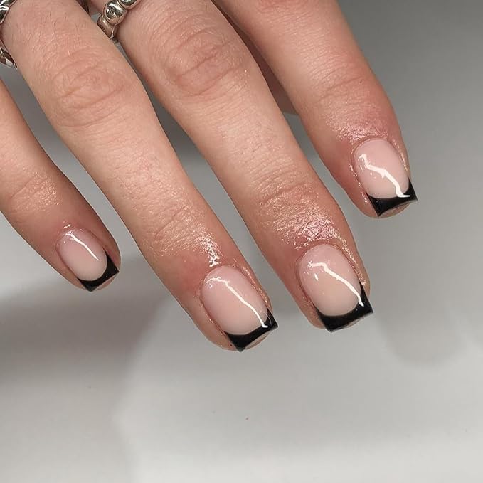 30Pcs Black French Tip Press on Nails Short Square Nails Press ons, Short Fake Nails Coffin Acrylic French Glue on Nail False for Women, Natural15 Sizes
