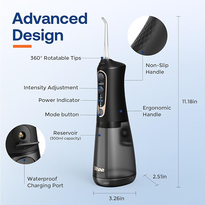 Bitvae Water Dental Flosser Pick for Teeth, Rechargeable Cordless Water Flosser, 3 Modes 5 intensities, 300ML Portable IPX7 Waterproof, 40 Days Powerful Battery Life for Home Travel, Black-Gold