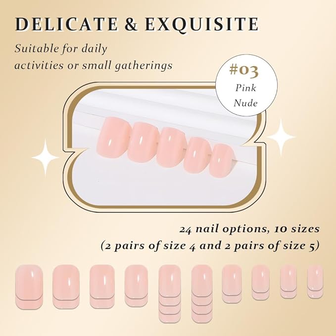 evpct Glossy Nude Pink Press on Nails Short Square for Women Gift, Glossy Pink Fake Nail with Soft Gel Salon Quality Reusable Stick on Nails Full Cover Artificial Nail Glue Soft Gel Set Kit 24Pcs, 03