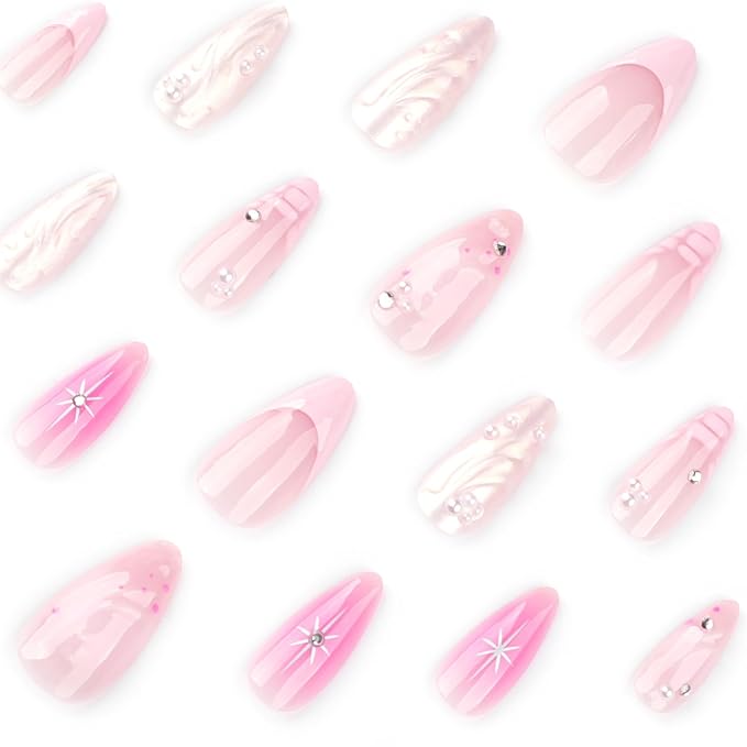 3D Curve Press on Nails 24Pcs French Acrylic Full Cover Fake Nails Tortoise Pattern Gel Glue on Fingernails Glossy Pink Gradient Medium Almond False Nail Stars Stick on Nail for Holiday Manicure Art