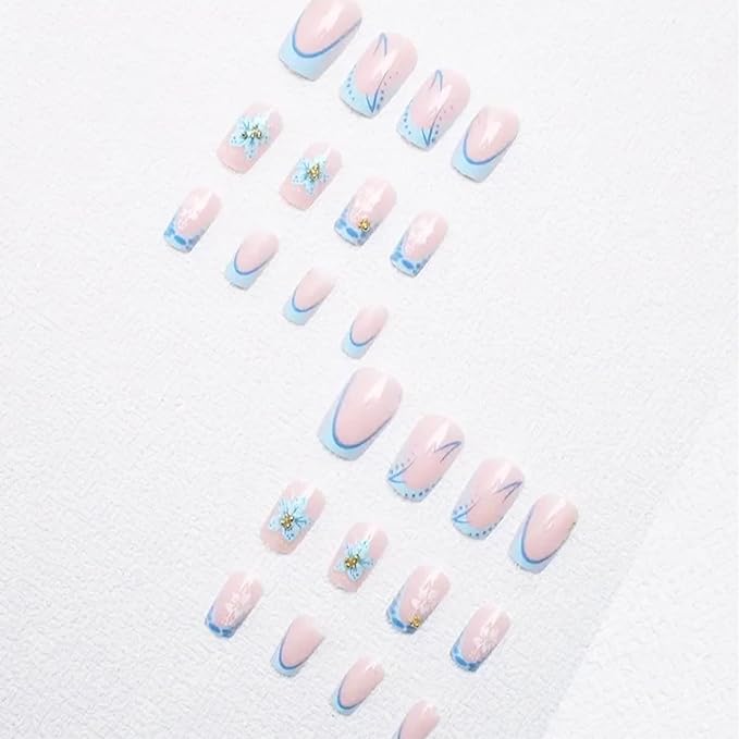24pcs French Tip Press on Nails Short Square Blue Flower Fake Nails with Gold Beads Designs Summer False Nails Kit Cute Floral Glue on Nails Full Cover Stick on Nails for Women Nail Decoration