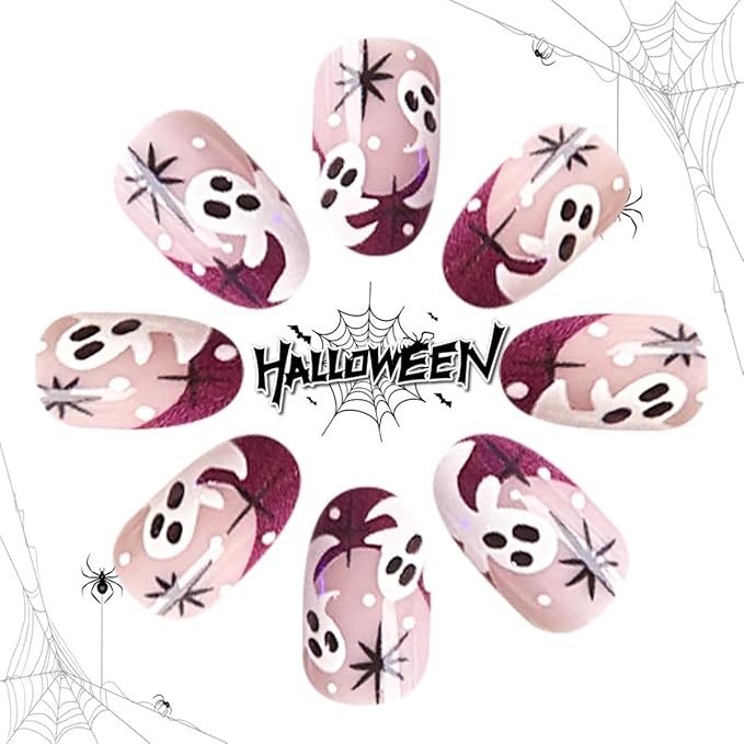 Halloween French Tip Press on Nails Short Almond Fake Nails with Design Glossy Full Cover Acrylic Nails Cute Ghost Halloween False Nails Reusable Stick on nails for Women DIY Holiday Nails Decor 24Pcs