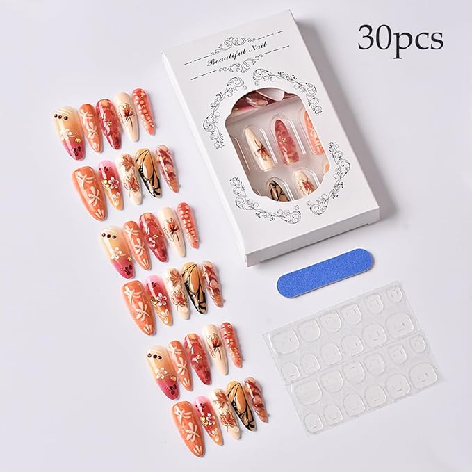 30Pcs Fall Press on Nails Medium Almond Fake Nails Autumn Acrylic Nail with Maple Leaves,Dragonfly,Flower＆Butterfly Design Sparkly Rhinestones Thanksgiving False Nail Reusable Glue on Nails for Women