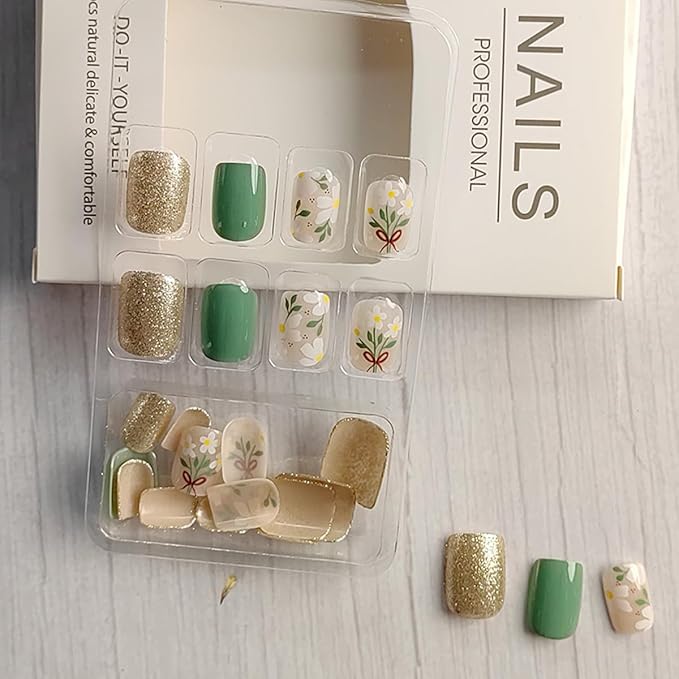 24Pcs Spring Press on Nails Short Square Fake Nails Bow Flower Glue on Nails Green Glossy Full Cover False Nails Glitter Gold Artificial Stick on Nails Coffin Acrylic Nails Kit for Women Nail Supplies