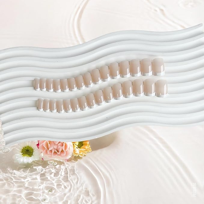 30Pcs White French Tip Press on Nails Short Square Nails Press ons, Short Fake Nails Coffin Acrylic French Glue on Nail False for Women, Natural15 Sizes