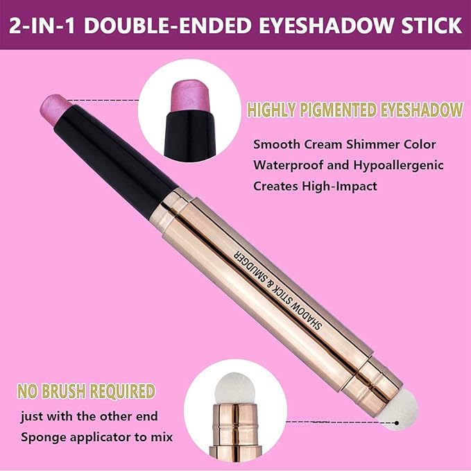 2 in 1 Pink Eyeshadow Stick, Cream Smooth Shimmer Hot Pink Eyeshadow Pencil, Hypoallergenic Waterproof Long Lasting Multi-Dimensional Eye Shadow Highlighter Stick Makeup Eyeliner Pen