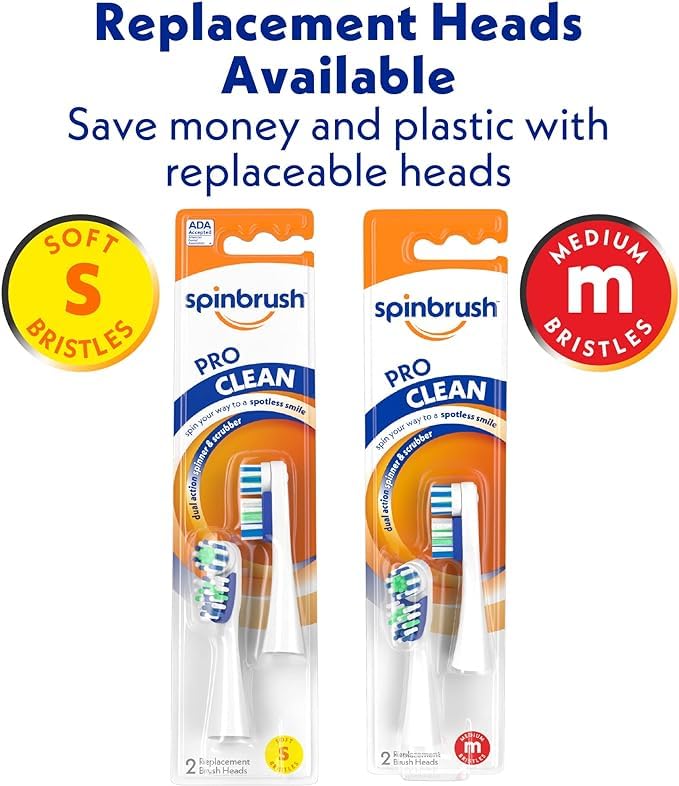 Spinbrush Pro Clean Replacement Toothbrush Heads, Soft Bristles, Dentist Recommended, (2 Pack with 4 Toothbrush Heads)