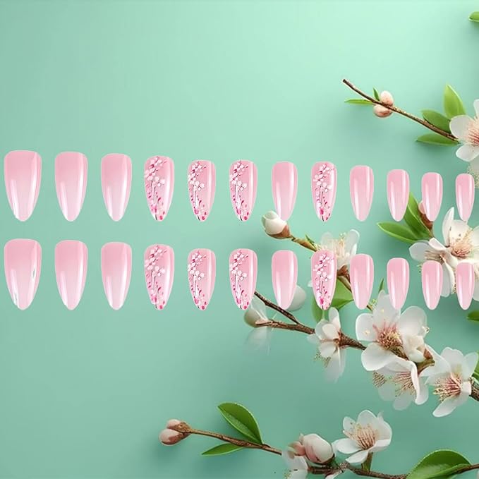 Plum Blossom Press on Nails 24Pcs Flower Acrylic Full Cover Fake Nails Peach Blossoms Gel Glue on Fingernail Glossy Pink Gradient Medium Almond False Nail Summer Stick on Nail for Holiday Manicure Art