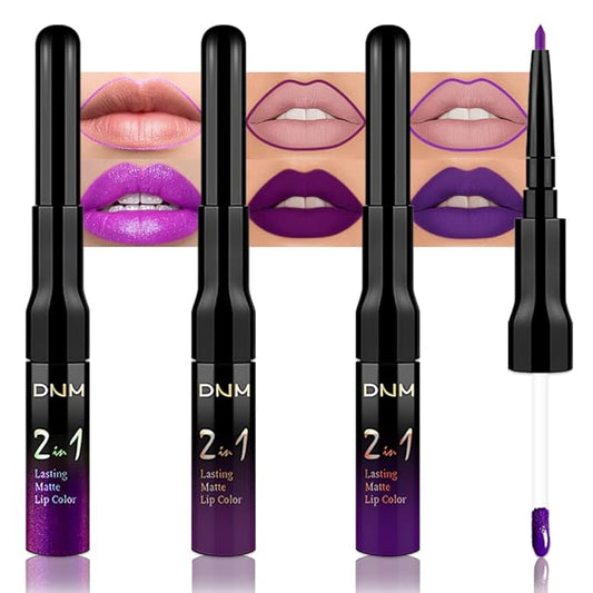 3Pcs 2 in 1 Lavender Dark Violet Purple Matte Lip Liner and Liquid Lipstick Stain Makeup Set for women, Long Lasting Smudge Proof Lip Tint Matte Finish Lip Gloss for All-Day Color Hold, Set24