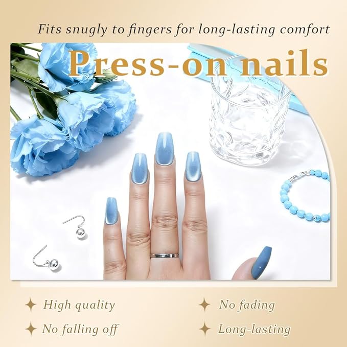 evpct Light Blue Cat Eye Coffin Press on Nails Square Medium, Medium Square Glue on Nail for Women, Light Blue Metallic Glitter Glossy Reusable Summer Soft Gel Press on Acrylic Fake Nail with Designs