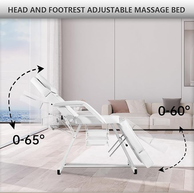 Facial Chair, Foldable Tattoo Chair with Split Legs Hydraulic Stool Massage Table Spa Bed for Beauty Capacity 330lbs White