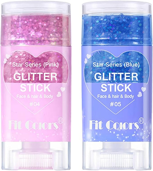 2 Pcs Silver Body Glitter Stick, Mermaid Glitter Gel Long Lasting Shimmer Hair Eyeshadow Face Body Glitter Concerts Music Festivals Halloween Party Looks Sparkle Makeup for Women and Kids (Pink/Blue)