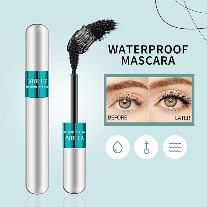 2 in 1 Mascara 5x Longer Waterproof Lash Cosmetics Natural Lengthening and Thickening Effect No Clumping Superstrong Magic 4d Silk Fiber for Vibely Mascara Makeup