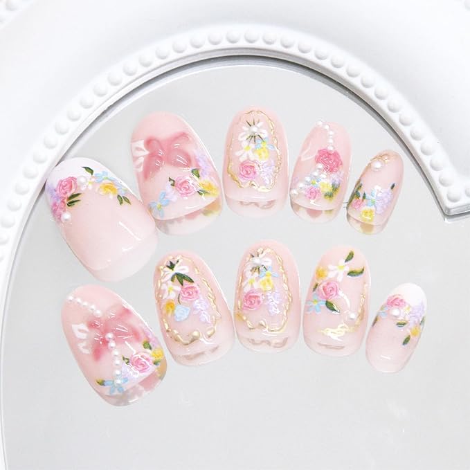 24pcs Colorful Flower Press on Nails Medium Almond Fake Nails with 3D Butterfly Designs White French Tip False Nails Cute Floral Acrylic Nails Kit Summer Fall Full Cover Glue on Nail for Women