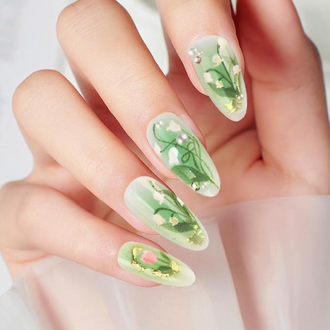 3D Pearl Gold Line Green Flower Acrylic Nails, Y2k Press On Nails Almond Medium, French Tip Floral Nails Designer Reusable Fake Nail with Glue On Nail, Sage Green Party Nail for Women