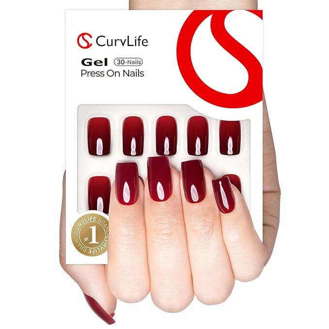 Curvlife Gel Press on Nail, 30Pcs 15 Sizes Nail Tips, Full Cover Deeo Red Design Reusable Gel Nails Kit with Glue and Adhesive Tabs