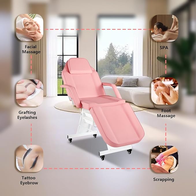 Tattoo Chair for Client Facial Chair with Wheels 73inch Adjustable Tattoo Bed for Artist Massage Table with Stool Facial Bed for Spa Beauty Pink