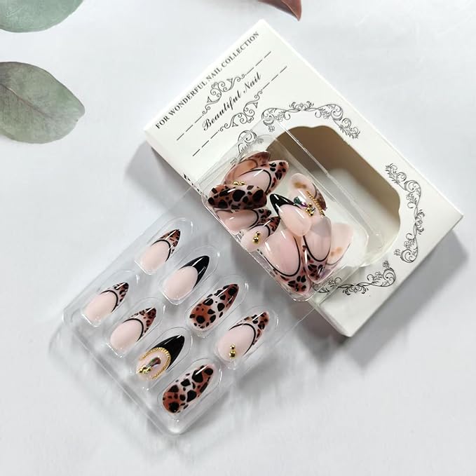 Leopard Press on Nails Almond Medium French Tip Fake Nails with Gold Chain Steel Beads Charms Glossy Acrylic False Nail Cheetah Print Nails Full Cover Stick on Nail for Women 24Pcs