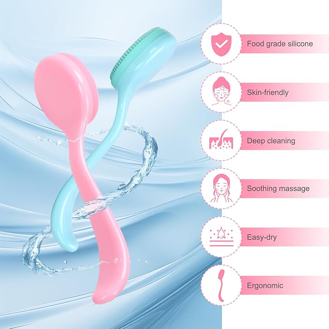 Silicone Manual Facial Cleansing Brush, NADUSEP 2 Pack Skin Friendly Soft Bristles Waterproof Face Scrubber Exfoliating Brush for Blackheads Whiteheads Makeup Residues Removal (Blue, Pink)