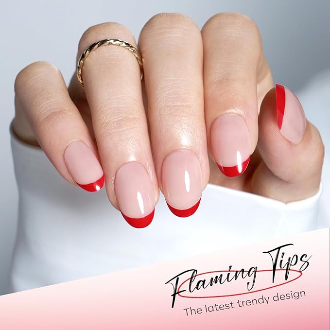 Modelones Red French Tip Press on Nails Short, Christmas Oval Fake Nails, Reusable Nail Kit with Nail Glue Adhesive Tabs Mini Nail File, Nails Press Ons 32Pcs 16Sizes, Women Girl Gift