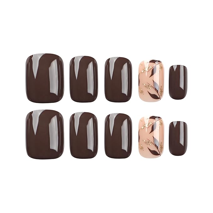 Dark Brown Press on Nails Short Square Fake Nails with Golden Leaf Accents Glitter Designs, Glossy Gel Finish Acrylic Short Fake Nails, Thick Natural Glue on Nails Kit for Women, 30Pcs